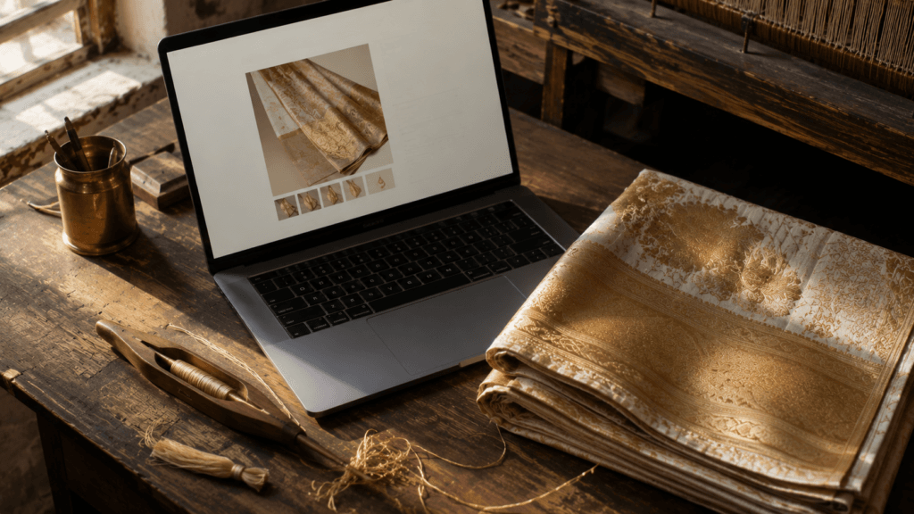 E-commerce website designer in Varanasi reviewing heritage craft store design — laptop beside Banarasi silk